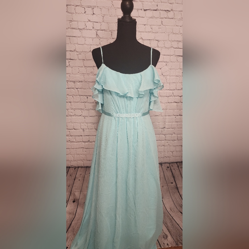 David's Bridal Long Flutter Sleeve Spa Blue Dress Size 8 NWT